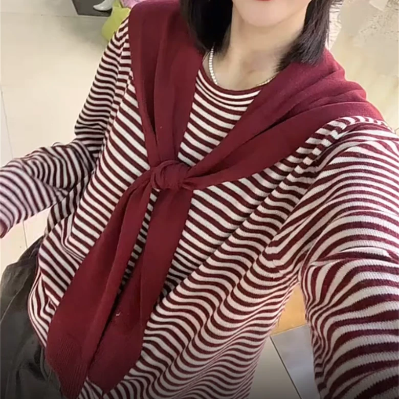 2025早秋新款慵懒风拼色条纹披肩针织衫女百搭宽松显瘦长袖上衣潮