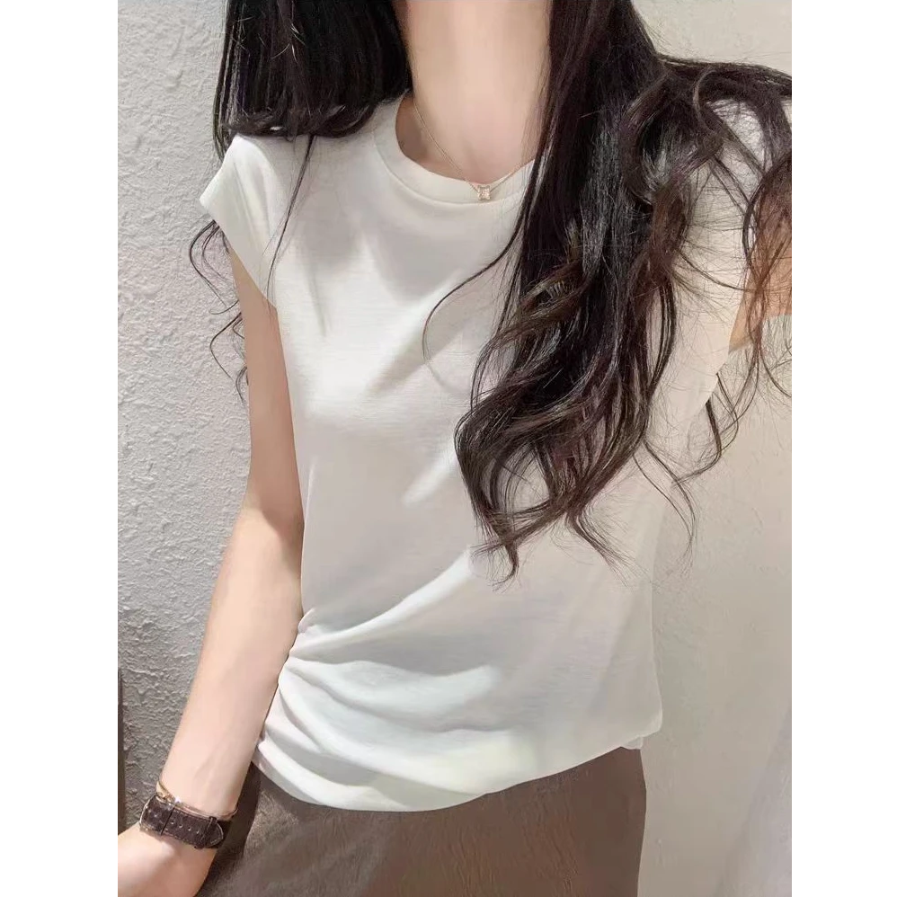 2025年新款清凉莱赛尔T恤法式修身小飞袖短袖裸感圆领水面膜衫