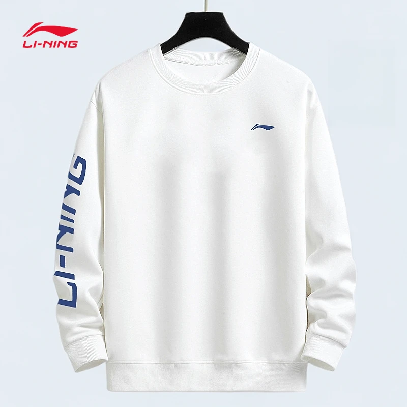 李宁时尚卫衣男2025秋冬新款跑步运动服白色帽衫宽松圆领保暖长袖