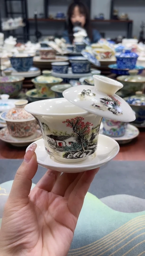 小号马蹄仿古山里人家盖碗+111