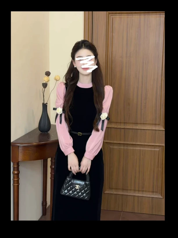 【黑粉玫瑰】法式千金风高级感撞色黑丝绒连衣裙3413#