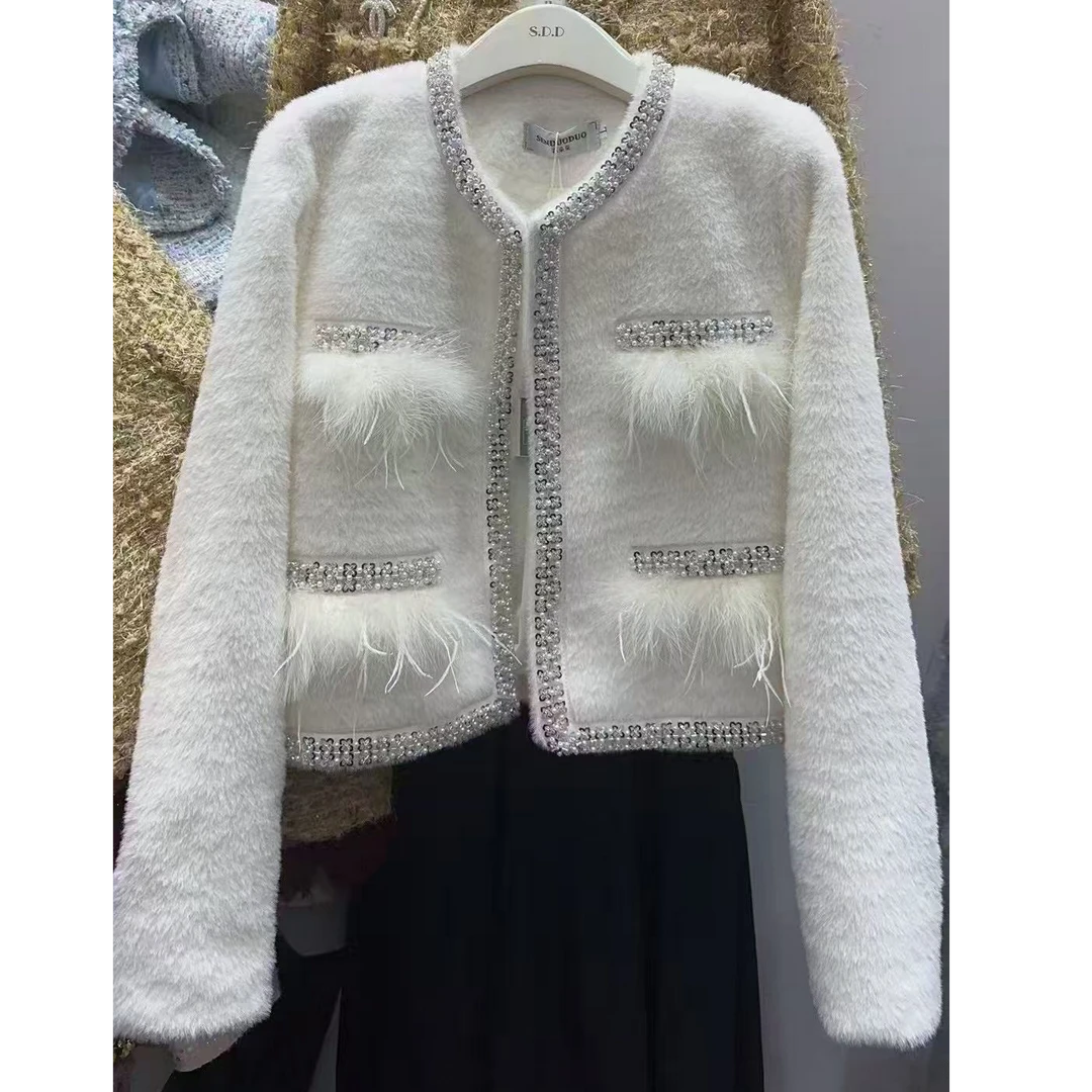 羽毛白色短外套女秋冬新款高端名媛风珍珠小香风短款上衣YM6671