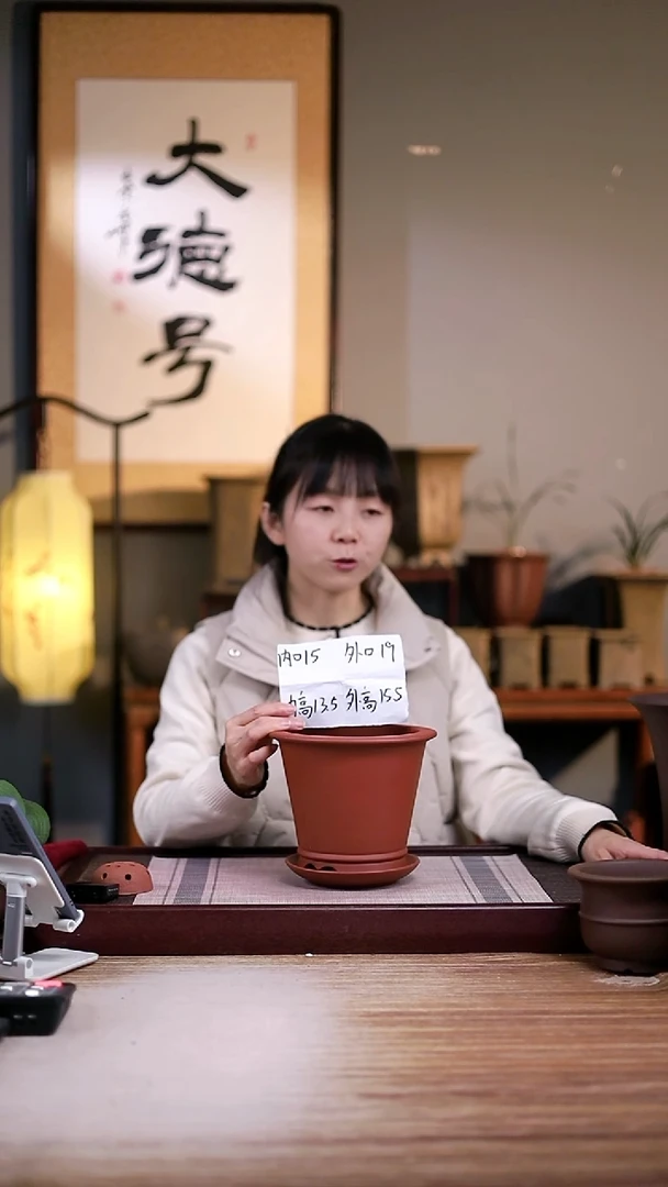 紫砂花盆清水泥圆斗笠一只带托