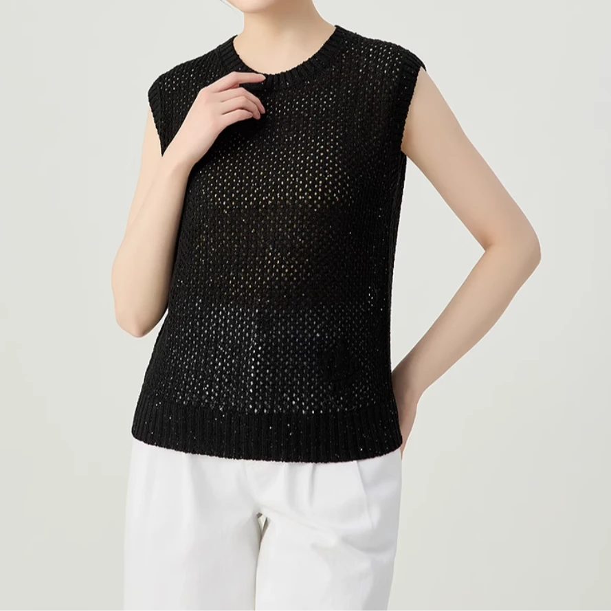 GIRDEAR/哥弟简约螺纹圆领镂空珠片针织背心138026
