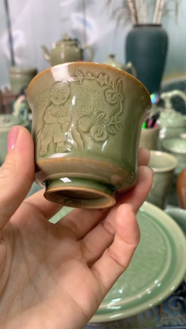 耀州窑L023全手工刻花茶杯 【605号】