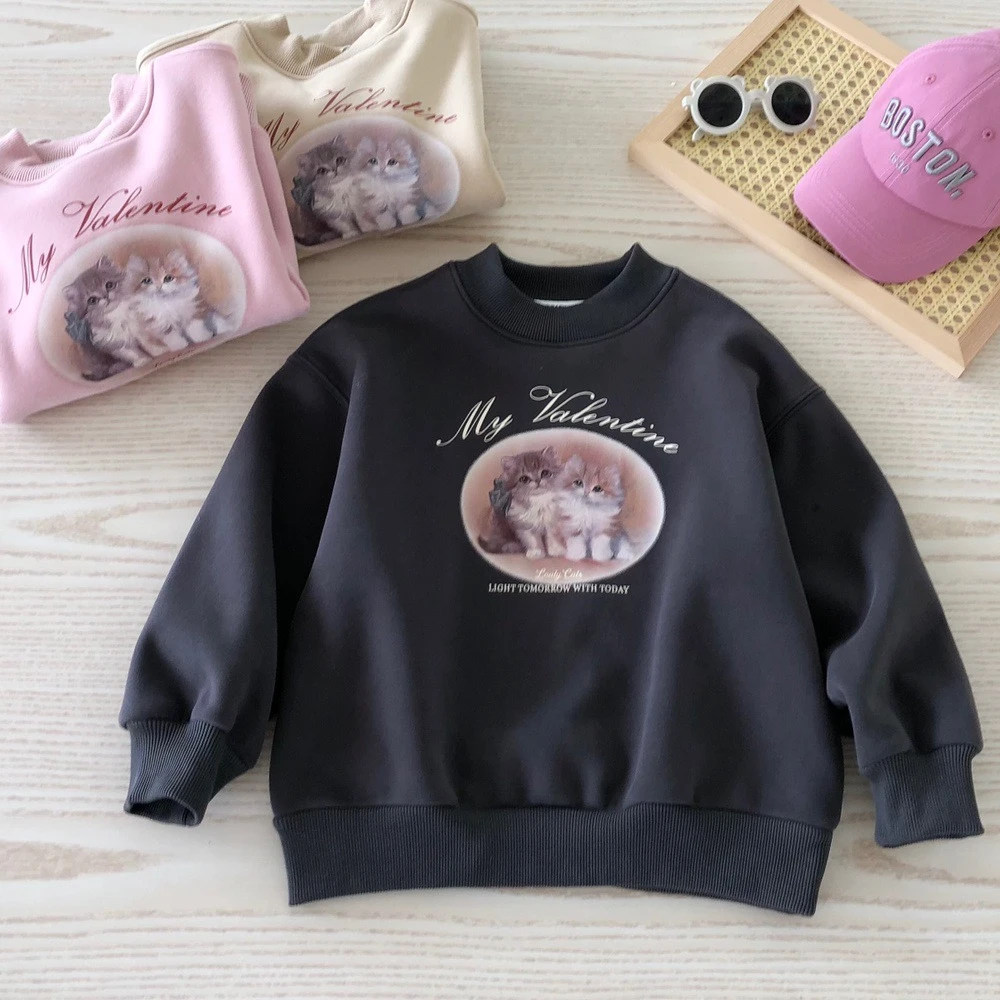 37013【两只小猫印花】秋冬新款儿童休闲卫衣加绒保暖男女童上衣