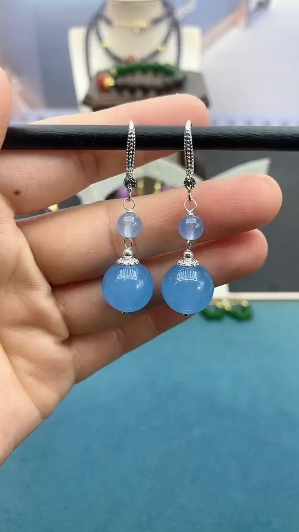 【闪购商品】海蓝宝石耳坠银S925镶嵌海蓝双珠耳钩