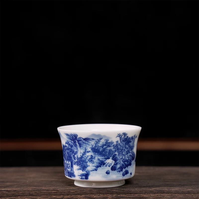 【精品客杯】景德镇制高白泥青花元宝山水马蹄客杯中式品茗杯马蹄杯