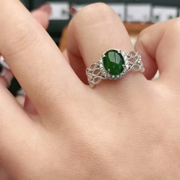 鑫辰珠宝天然A货翡翠银镶嵌设计款开口女戒指时尚百搭
