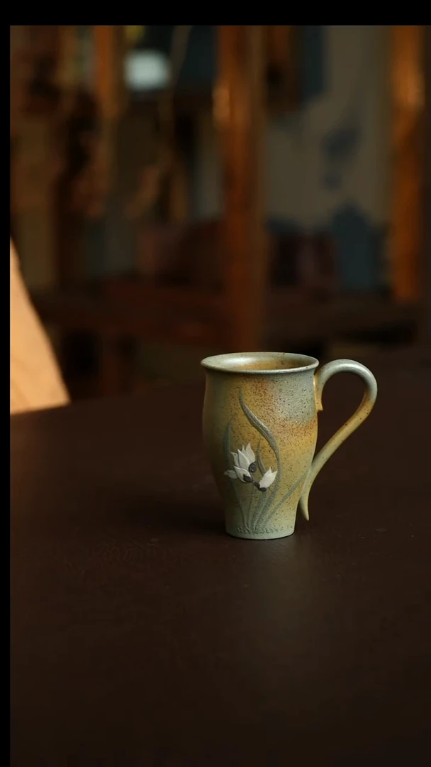 茶杯紫砂54号 柴烧兰花把杯 宜兴紫砂原矿作品