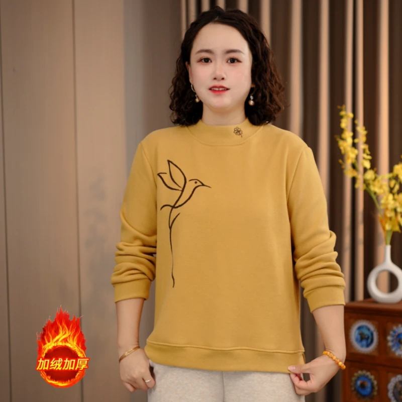 宽松时尚休闲百搭打底衫保暖加绒加厚中老年女装半高领开叉卫衣