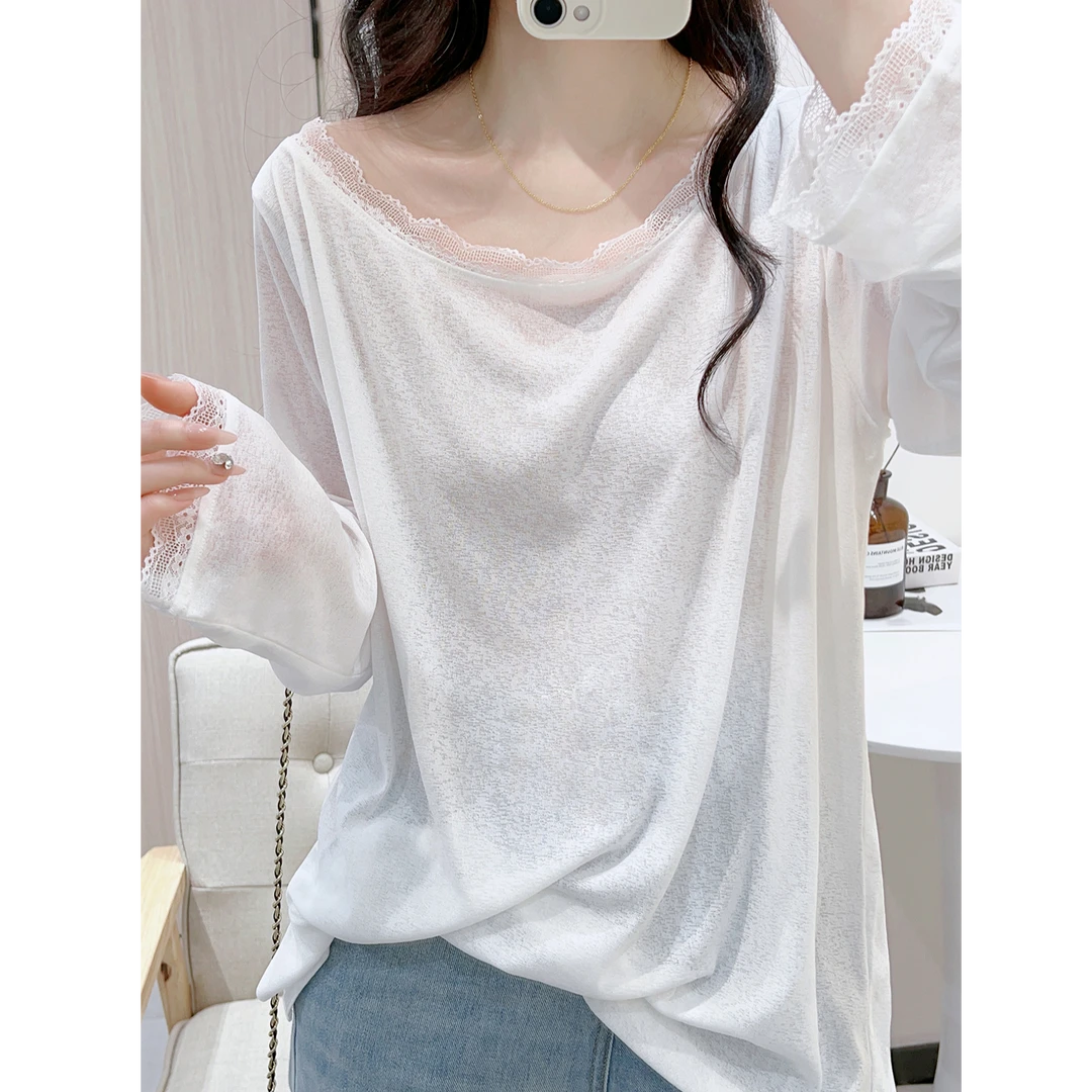 欧货微透防晒白色蕾丝拼接一字肩长袖T恤女夏新宽松下摆开叉上衣