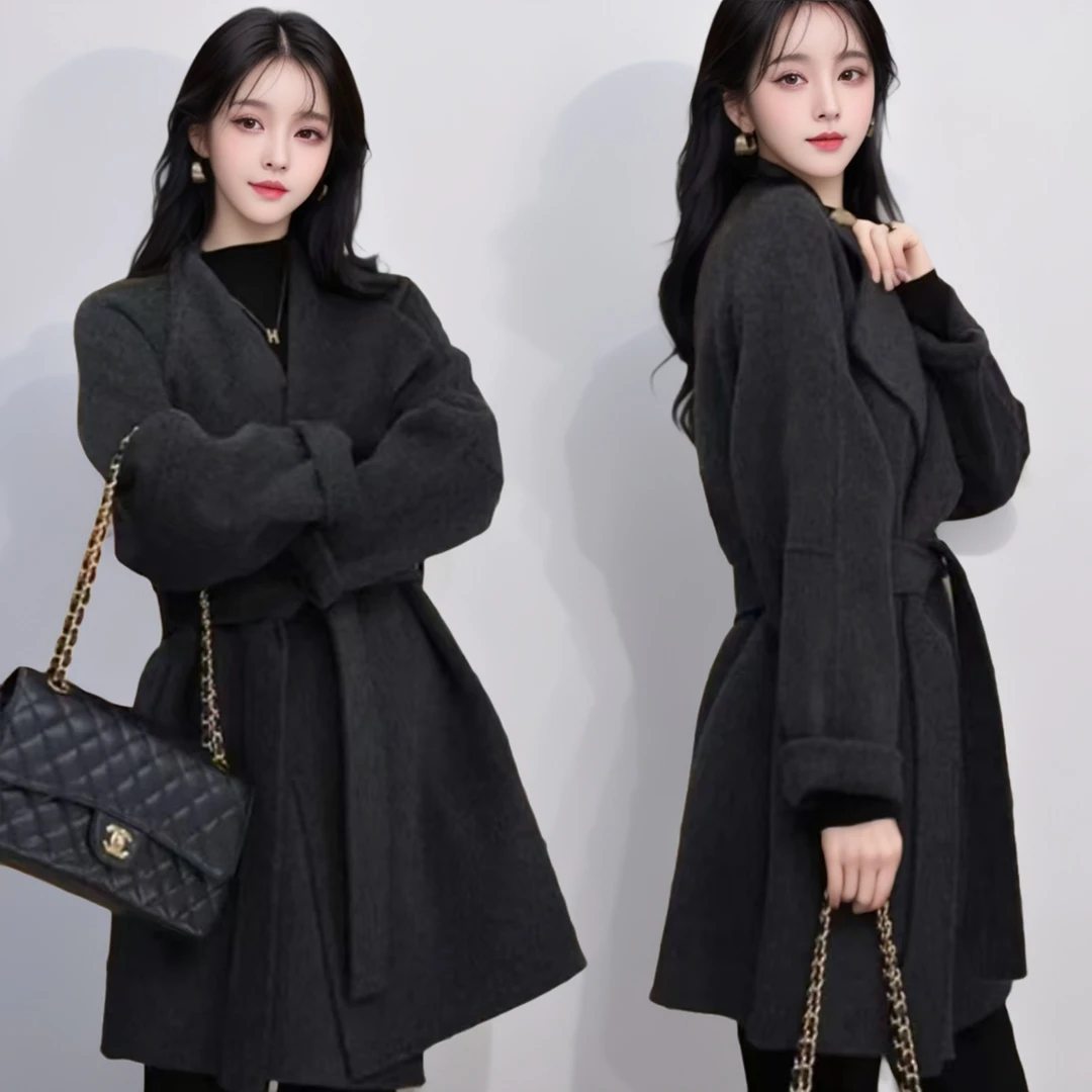 新款韩系时尚百搭立领系腰带年款时尚简约大衣毛呢外套上衣