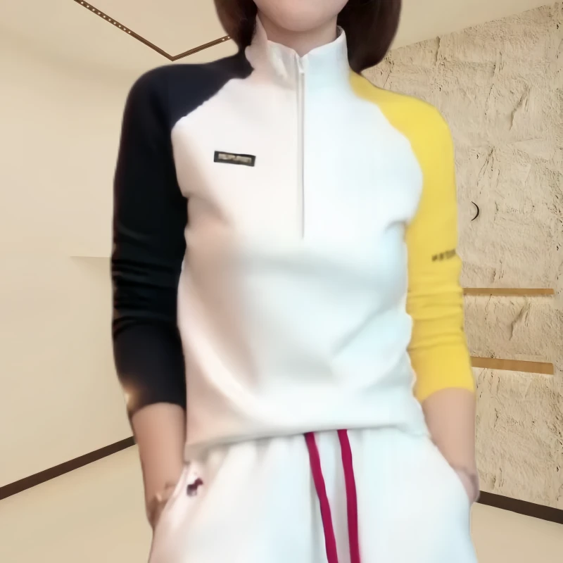 2025春季新款长袖卫衣时尚户外运动休闲立领显瘦上衣撞色拼接女