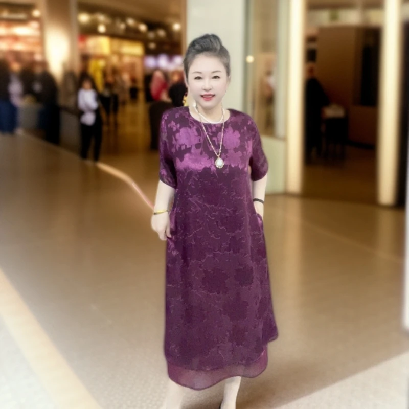 669916气质高档妈妈款提花连衣裙宽松遮肉