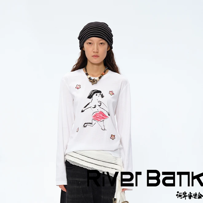 河岸家买手店square circle方圆白色奔跑女孩印花贴布绣T恤25春夏