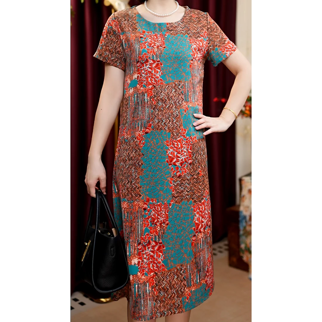 【红色梦幻圆领】气质中长款碎花薄款宽松型中老年女装宽松夏季女装