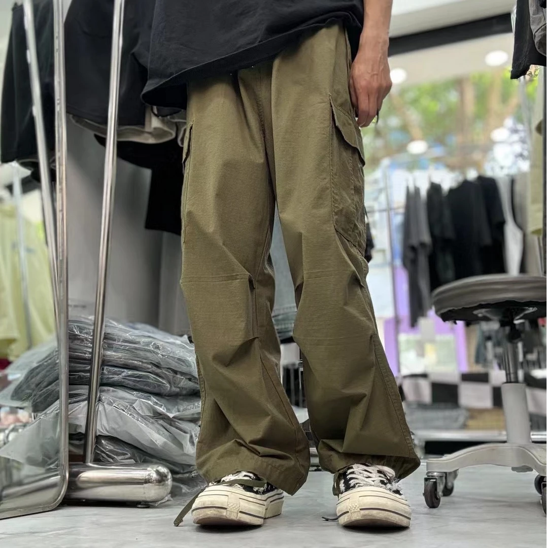 美式复古工装裤男宽松直筒多口袋伞兵休闲裤潮流百搭薄款米绿男女