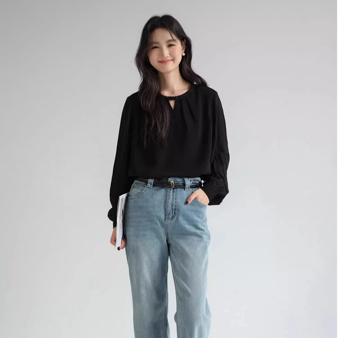 Lrosey/蓝若水大码女装春镂空珍珠领雪纺衫别致压褶长袖上衣86691