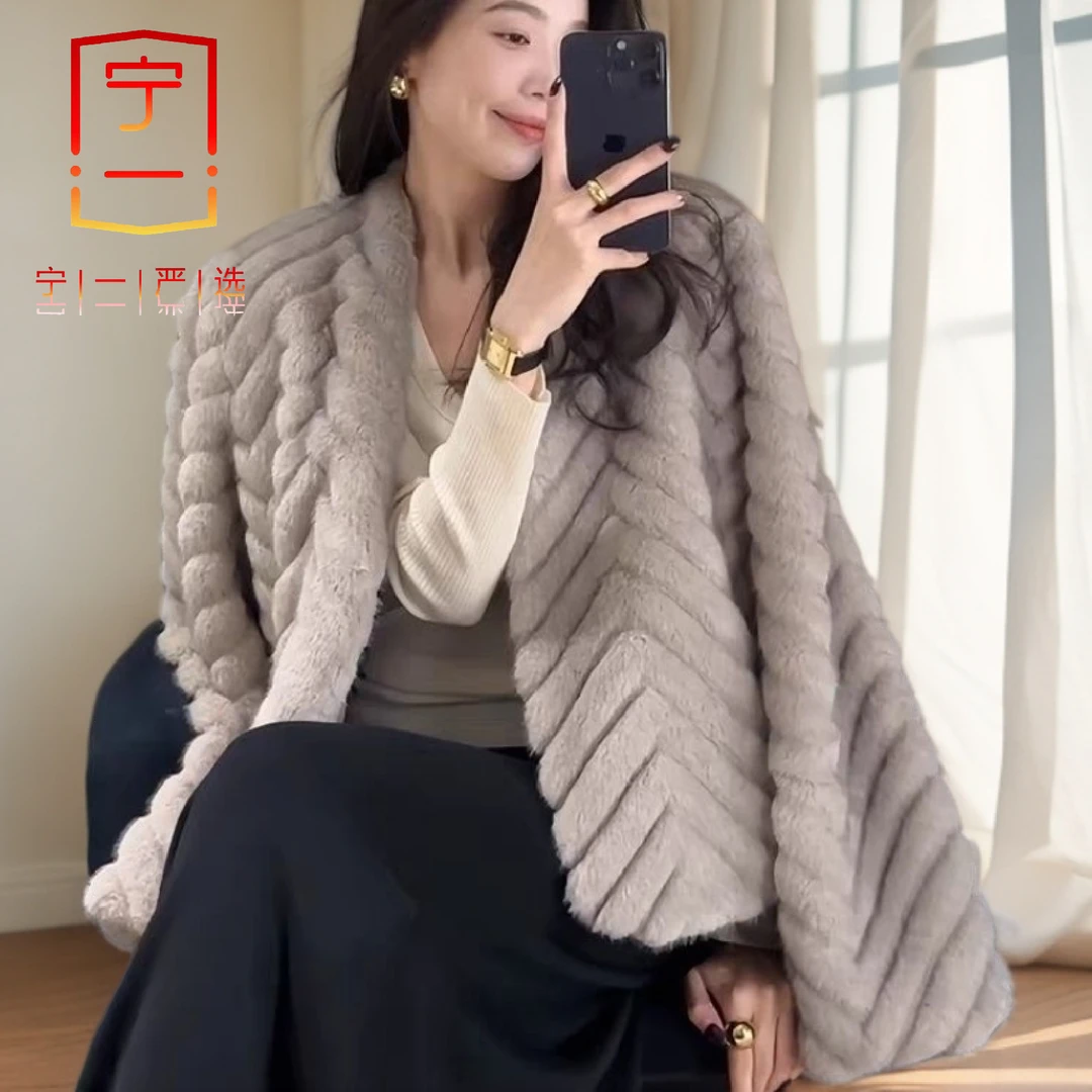 【宁一女装】新款秋冬气质人字纹毛毛外套短款时尚洋气百搭休闲上衣