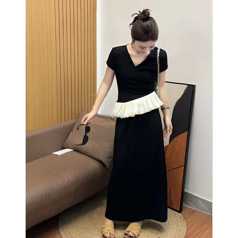 法式复古赫本风V领蕾丝拼接上衣搭配黑色半身裙套装【法式姐姐】