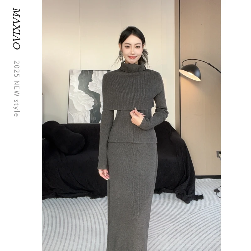 MAXIAO高领披肩毛衣三件套女秋冬修身显瘦针织长袖半身长裙套装