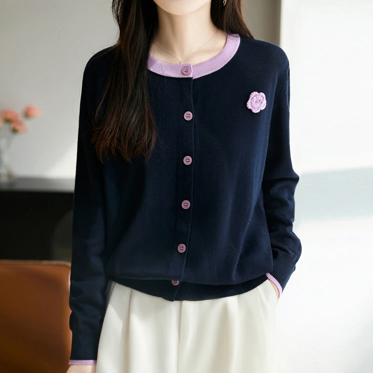 哥弟阿玛施正品新款宽松秋冬针织毛衣圆领小香风开衫外套拼色上衣