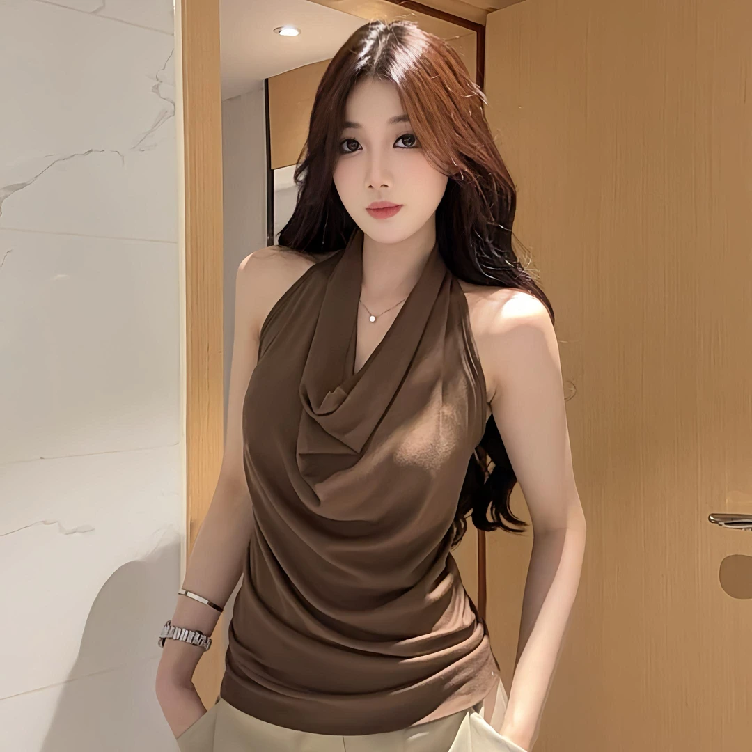 辣妹时尚高级感夏季穿搭荡领挂脖扭绳设计吊带女秋冬内搭外穿露背