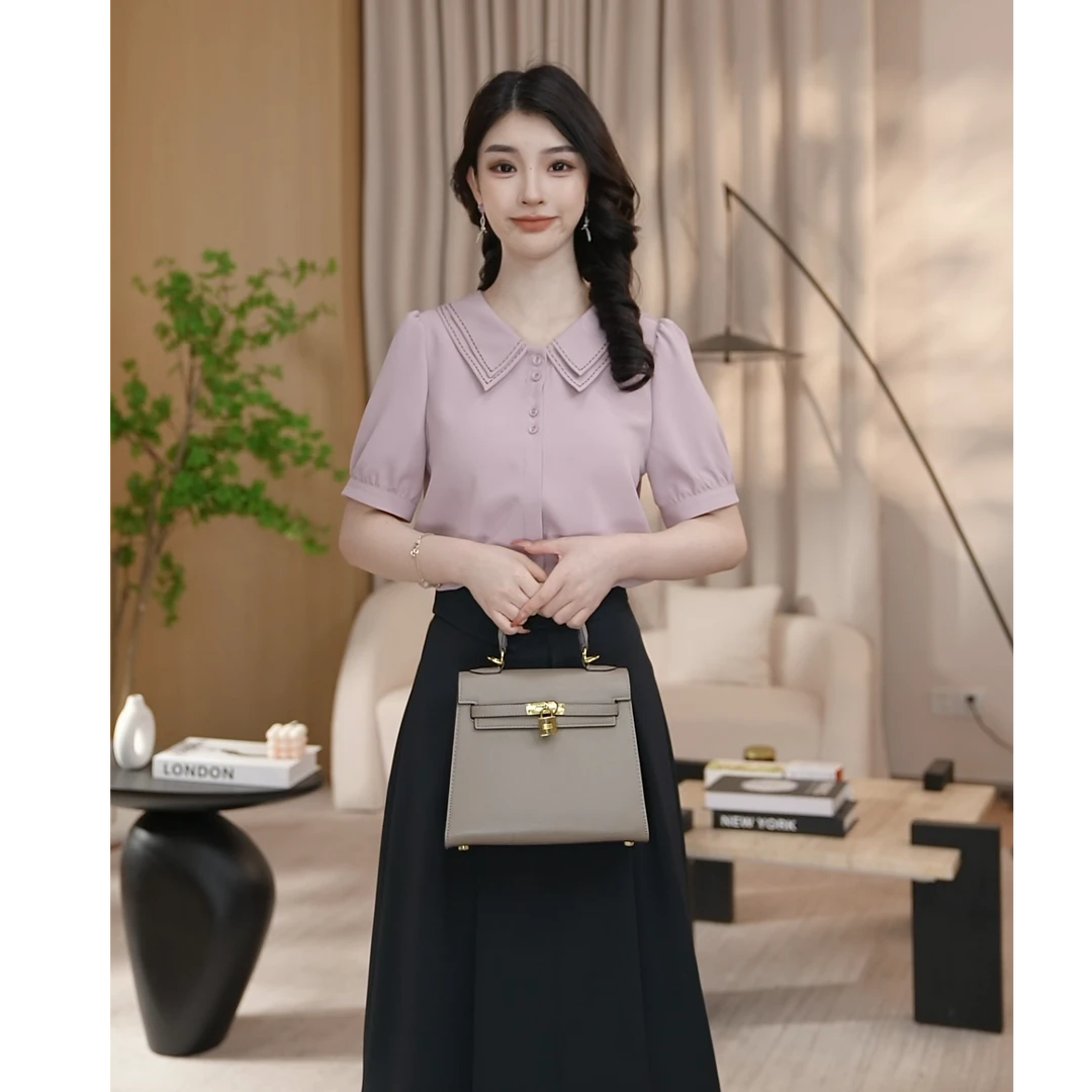 【曼贝】洋气甜美短袖衬衫女2025新款双层领薄款上衣8592312A【佳莹】