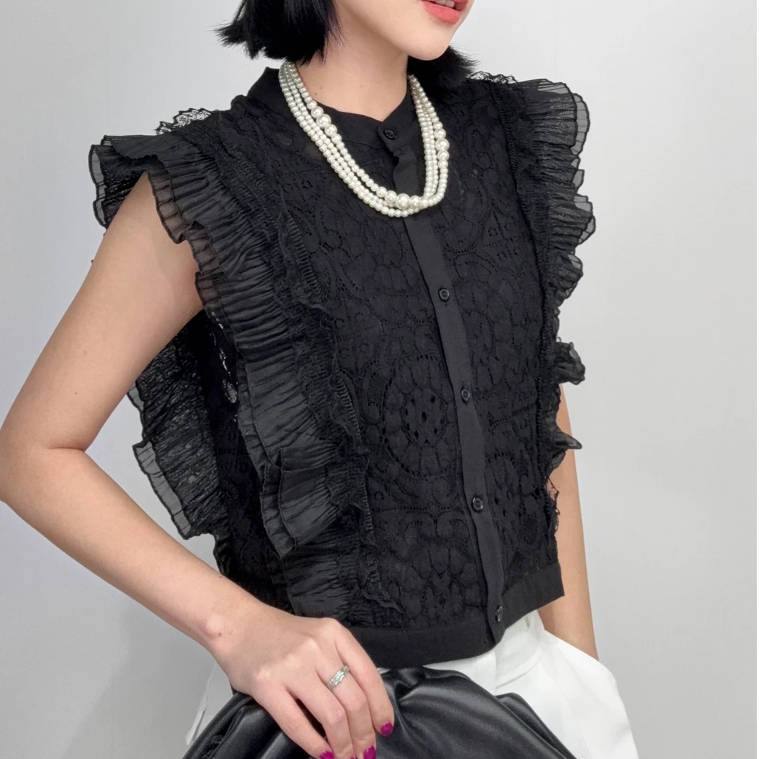 235#5321#蕾丝镂空小飞袖无袖上衣新款爆款夏季衬衫女轻奢高级感