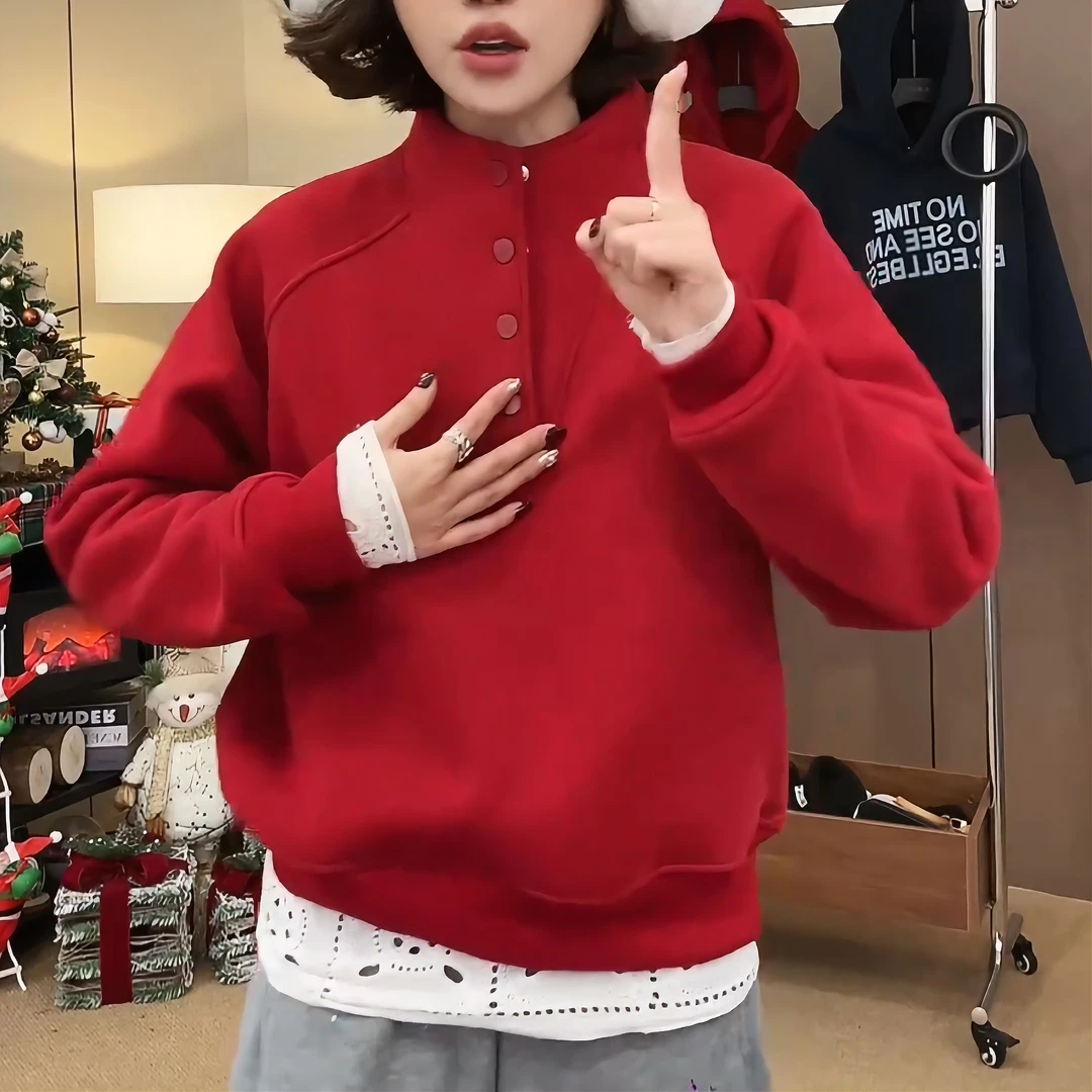 新款秋冬百搭加绒半高领插肩短款休闲短款卫衣LK2500980