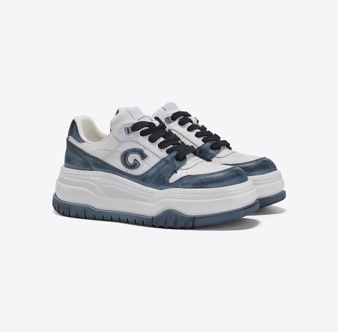 【聚新汇】121-02蓝白真皮系带松糕厚底小白鞋休闲运动熊猫鞋板鞋