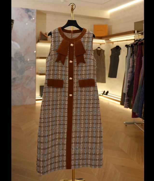 【零】复古格子显瘦无袖秋冬女轻奢秋冬时尚长款连衣裙Z-254-146