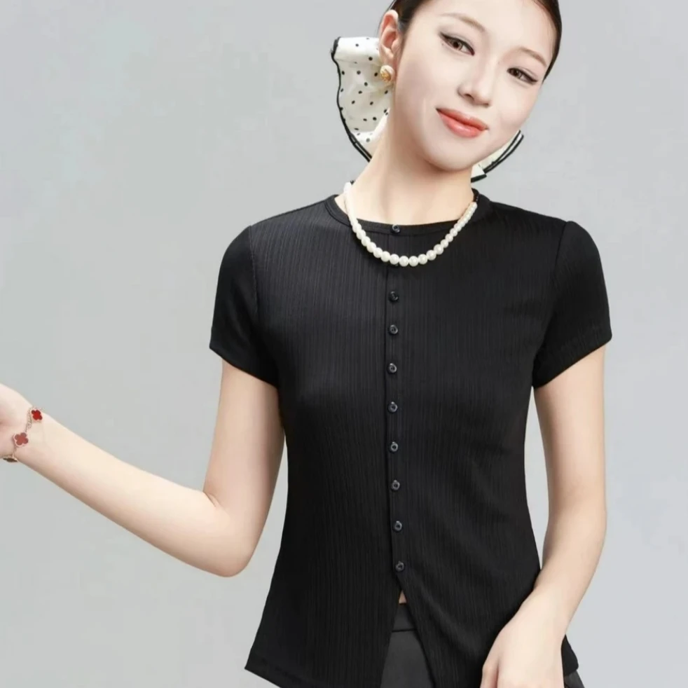 GIRDEAR/哥弟130031 新款简约修身百搭前中小开叉设计套头短袖T恤