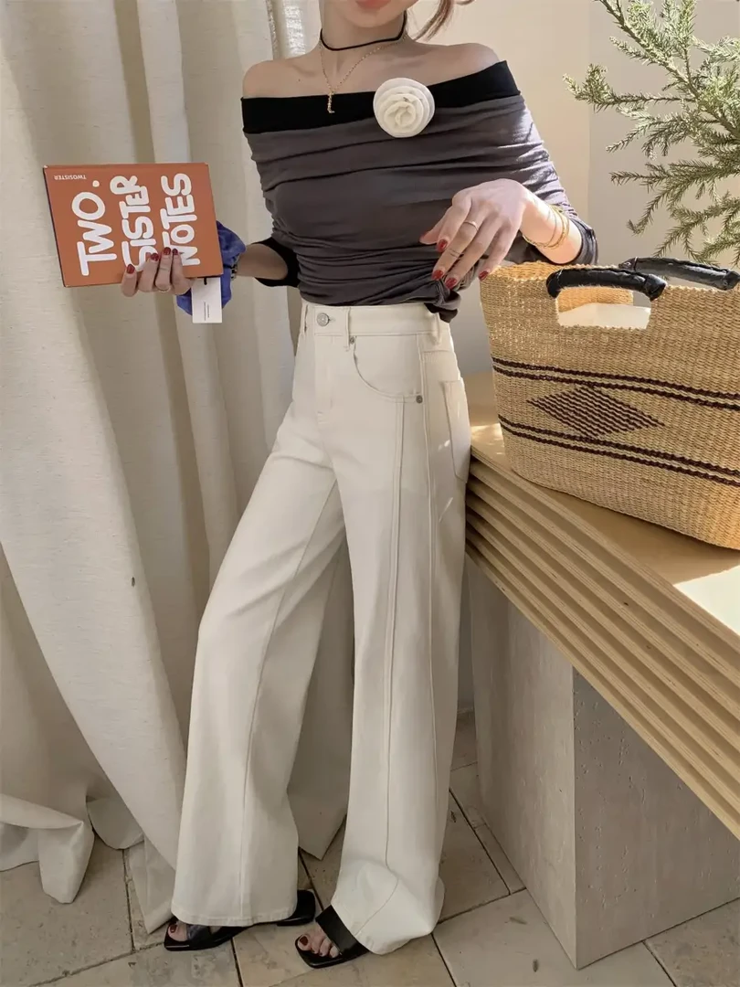 Boyiyiyi牛仔裤女春款剪标白色阔腿裤弹力显瘦垂感筒喇裤潮63827