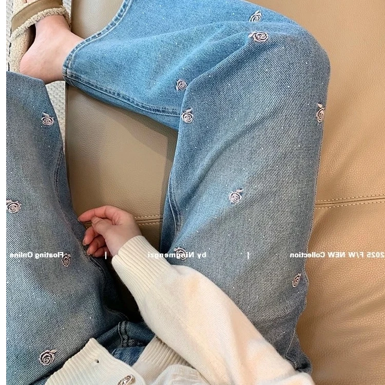 欧洲站2025春季新款时尚高腰花朵刺绣亮钻牛仔裤女宽松显瘦阔腿裤