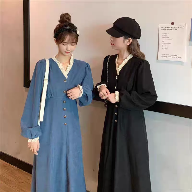 （清货）早秋连衣裙法式复古赫本风收腰显瘦仙气蕾丝V领长袖1209