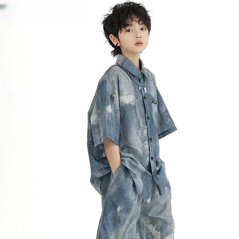 中大童2025夏款男童仿牛仔衬衫套装女童夏季儿童短裤潮宽松