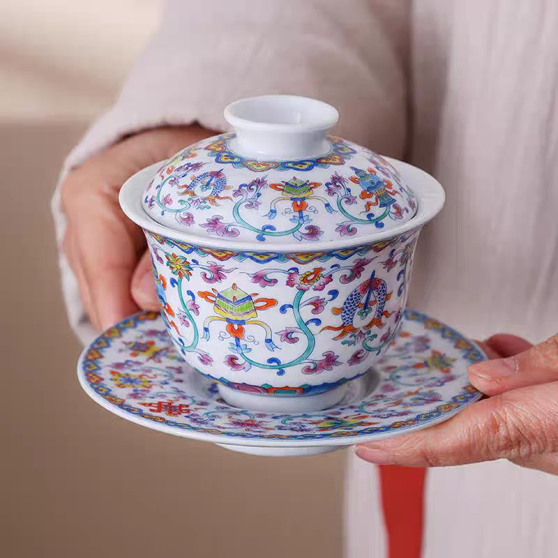 珐琅彩缠枝莲斗彩纯手工三才盖碗-5278