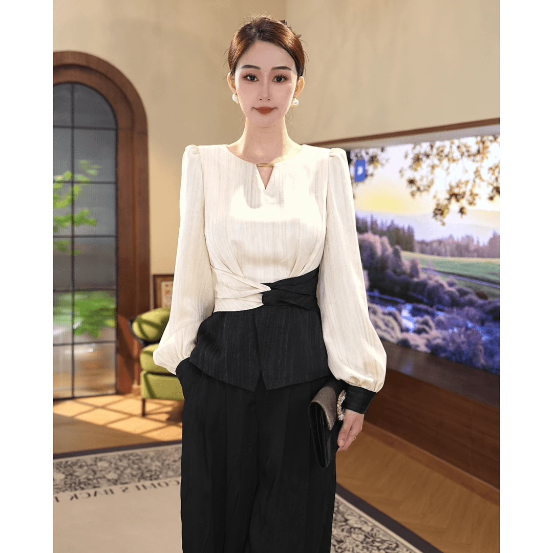 套装女2024新款高级感气质收腰显瘦上衣休闲阔腿裤两件套9124