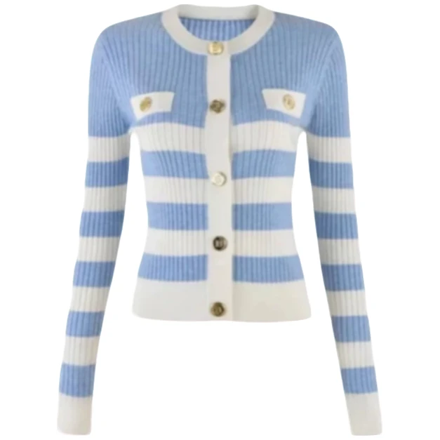 时尚蓝白拼接条纹圆领长袖百搭单排扣羊毛针织开衫-8146