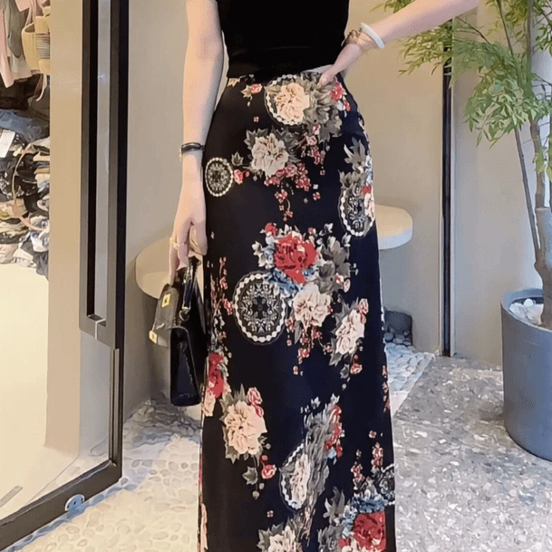 气质半身裙修身时尚花裙子显瘦高腰中长款A子裙开叉裙