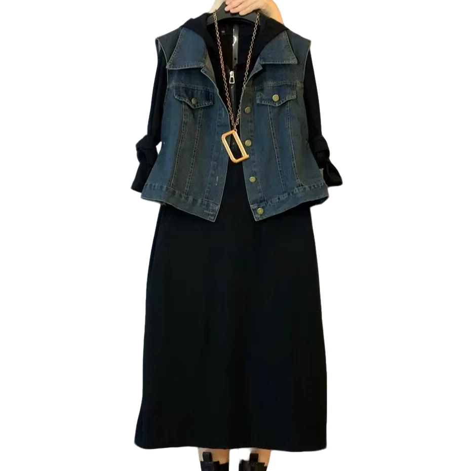 大维罗依ZNR 春季新款休闲牛仔马甲两件套裙