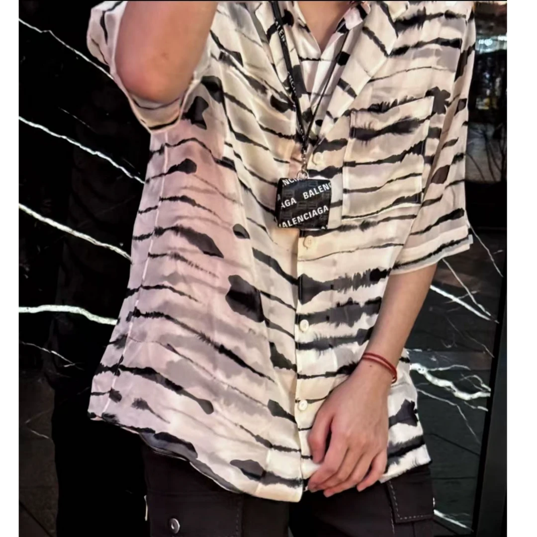 未使用 BURBERRY/博柏利 水墨条纹桑蚕丝中古衬衣假两件衬衫时尚