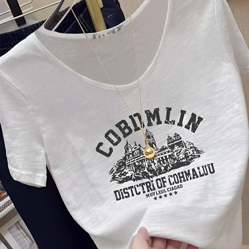 竹节棉正肩V领短袖t恤女装宽松休闲时尚百搭宽松休闲薄款上衣夏季