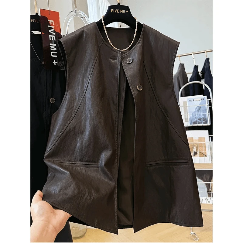 特大码300斤高级感设计感圆领无袖皮马甲男女秋季宽松叠穿外套潮2