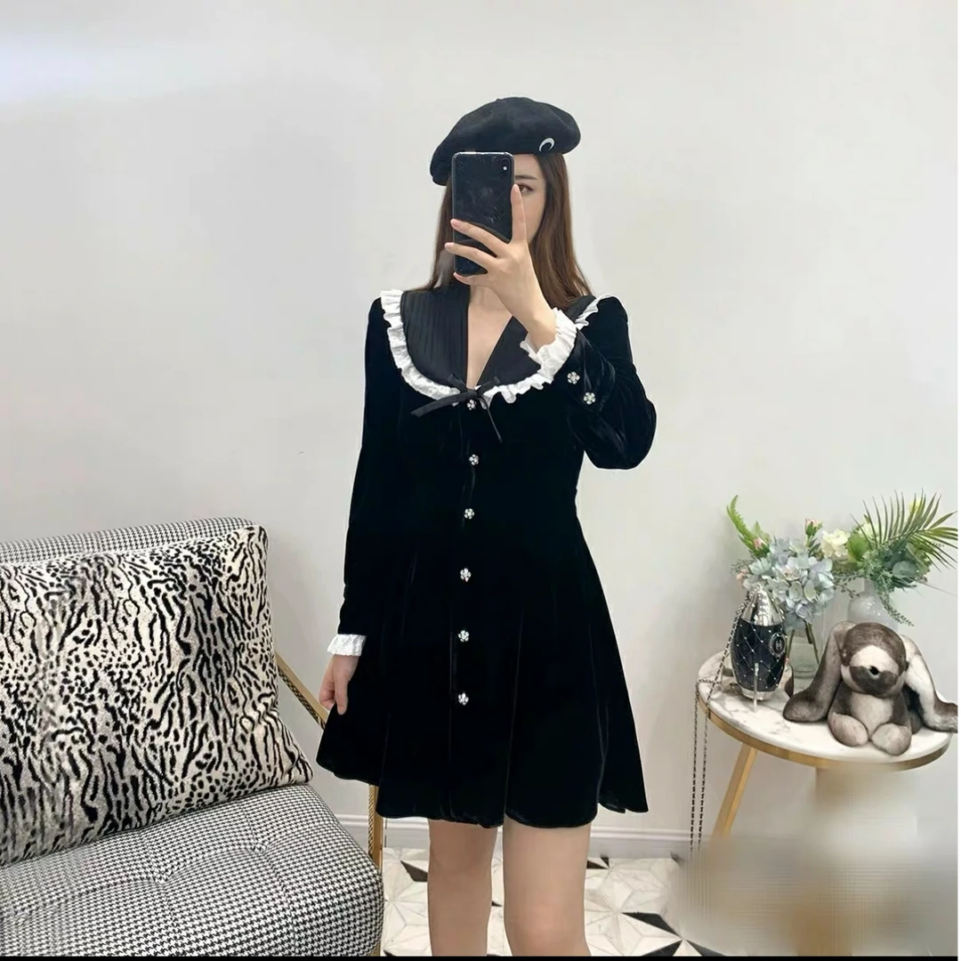 95新 MIU MIU/缪缪 缪缪丝绒水钻气质秋冬连衣裙/yz56女装黑色