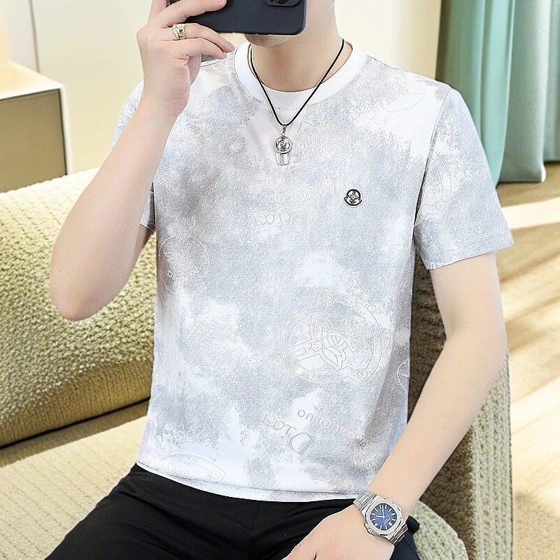 水墨风棉短袖夏季圆领提花T恤男士透气t恤男士时尚运动宽松薄款