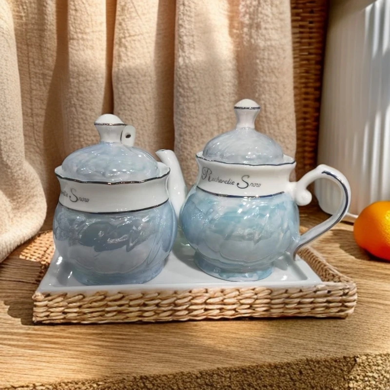 【新疆包邮】laza bir to 淡蓝色辣醋套装高档家用好看带盖子有套盘