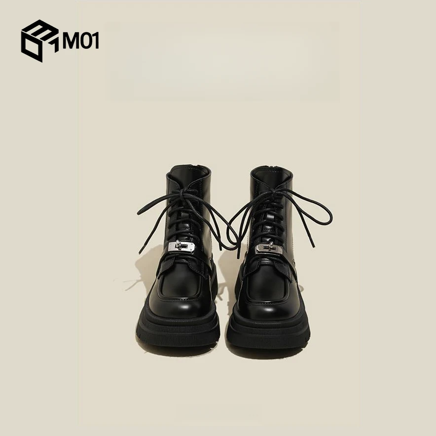M01厚底马丁靴女2025冬季黑色春秋小皮鞋复古英伦风锁扣系带短靴